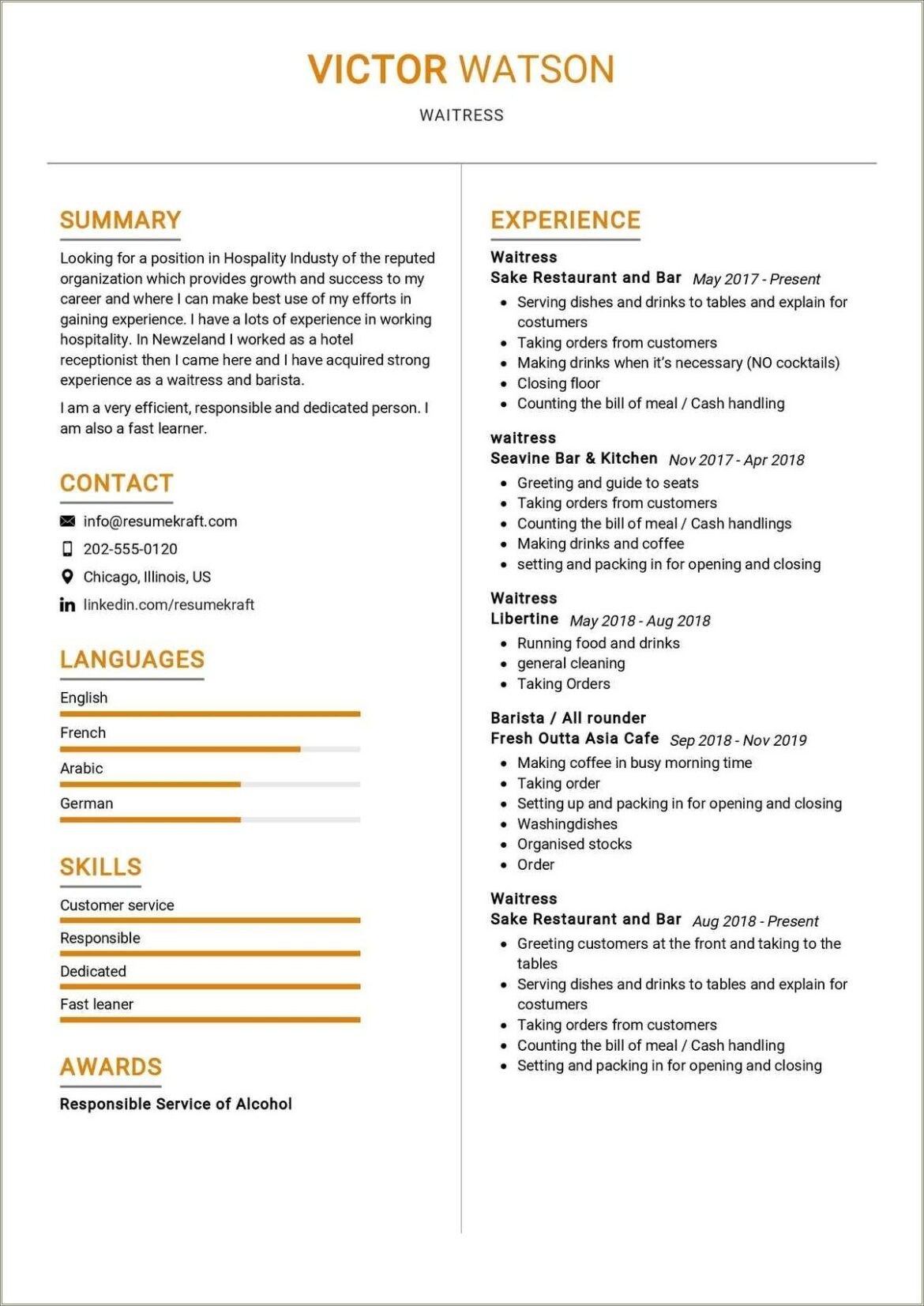 Example Resume For First Time Restaurant Server