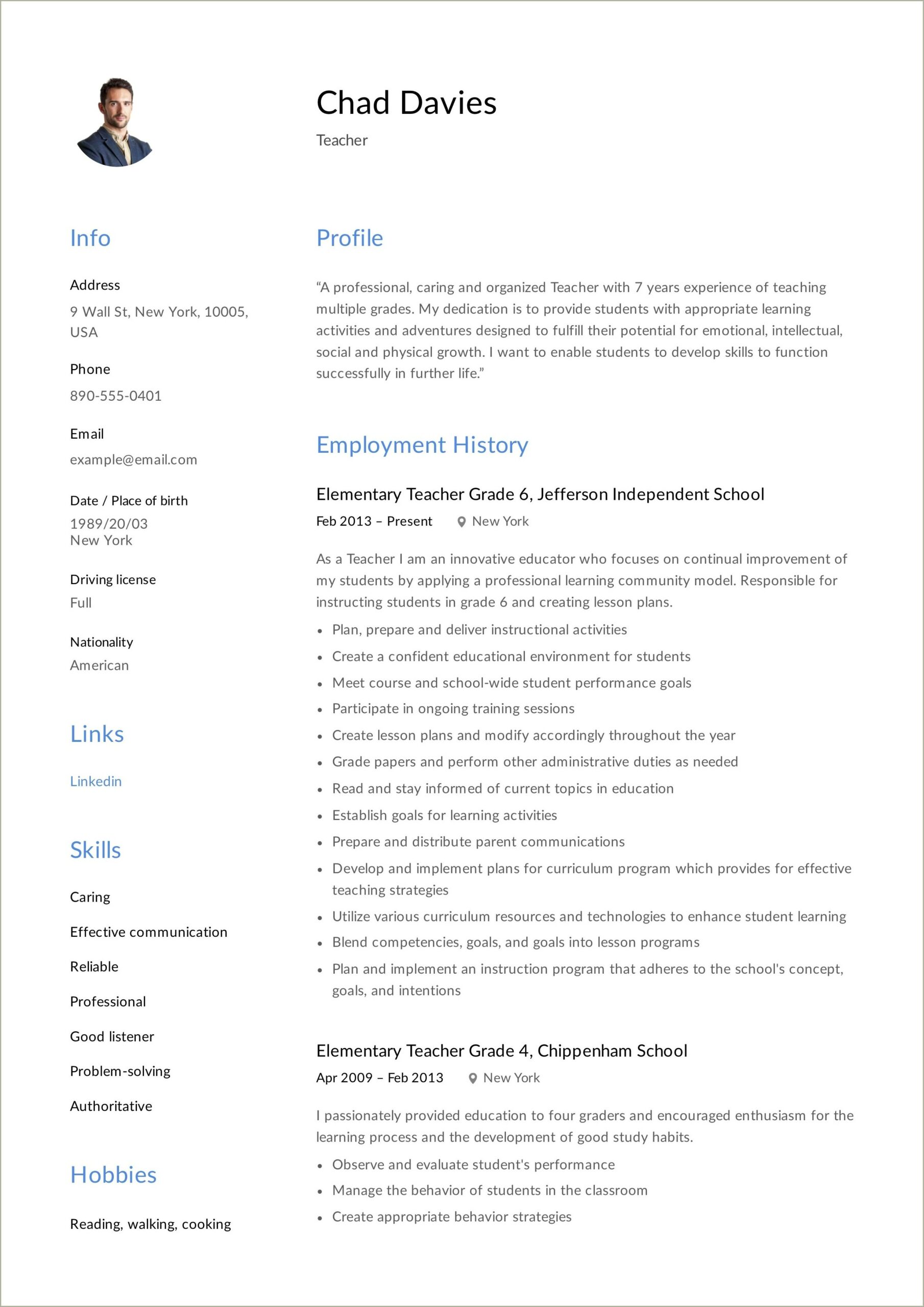 Example Resume For First Time Teacher