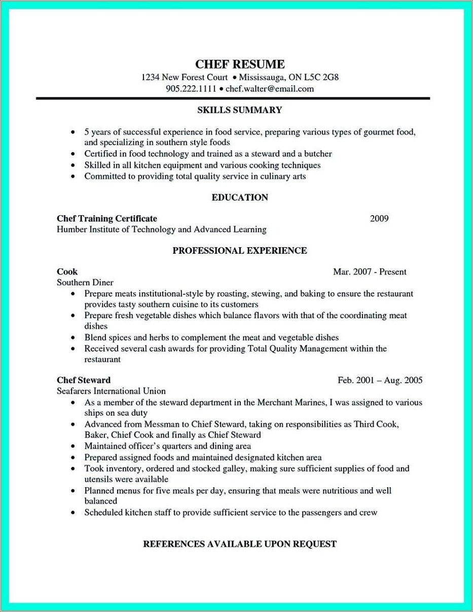 Example Resume For Free Lancer Cook