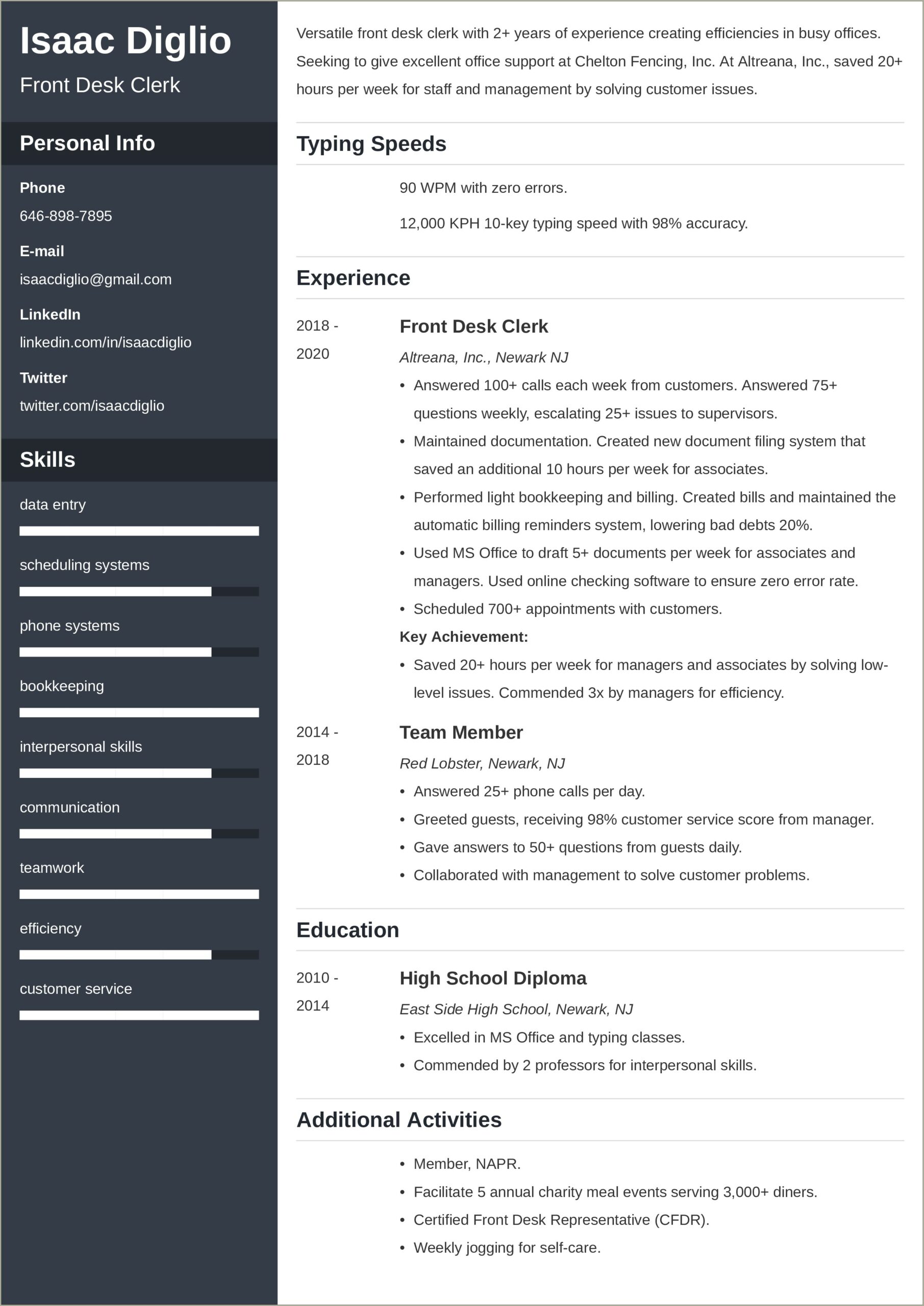 Example Resume For Front Desk Hotel