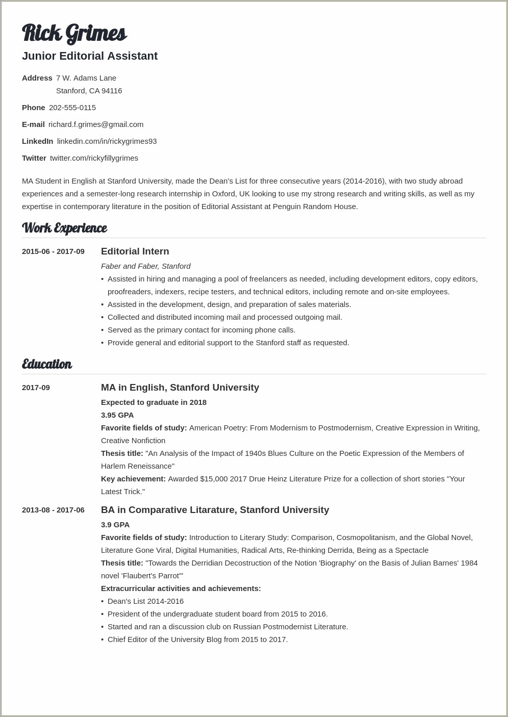 Example Resume For Grad School Applicant