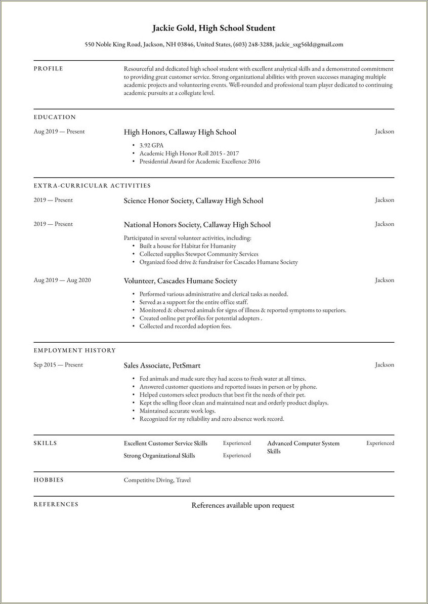 Example Resume For Highschool Student With No Experience