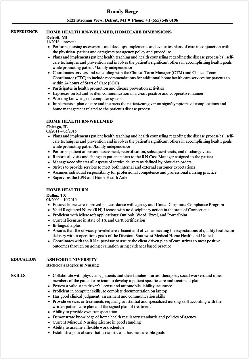 Example Resume For Home Health Nurse