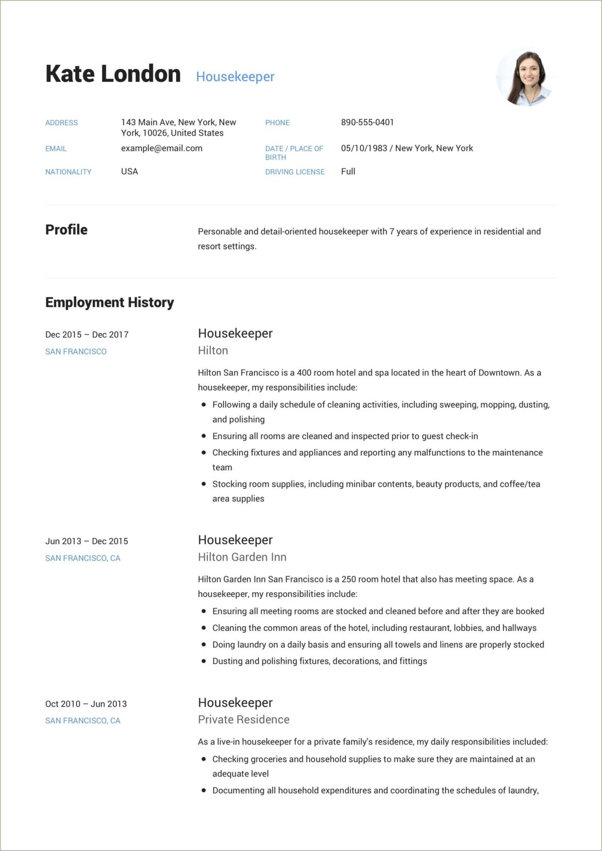 Example Resume For Housekeeping With No Experience