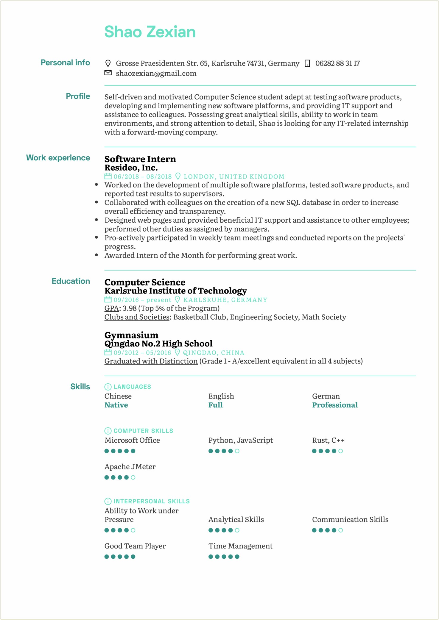 Example Resume For Internship In Engineering