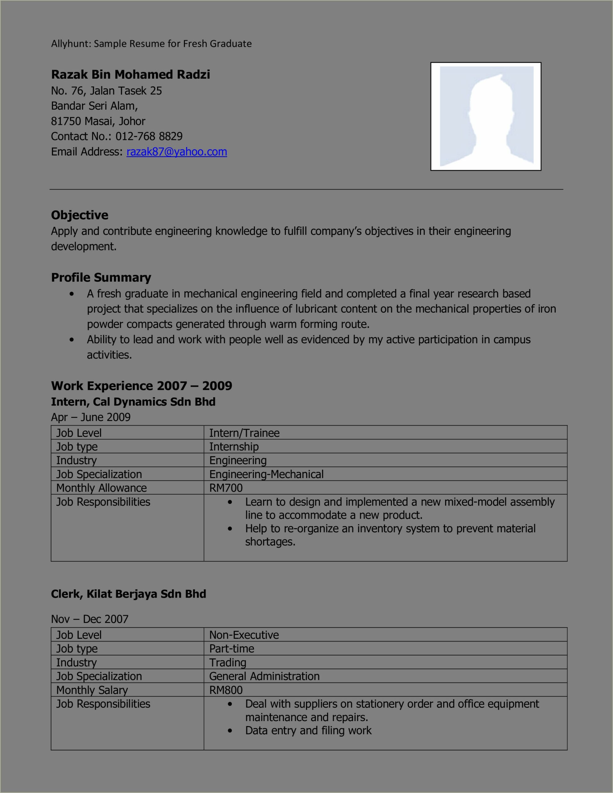Example Resume For Internship In Malaysia