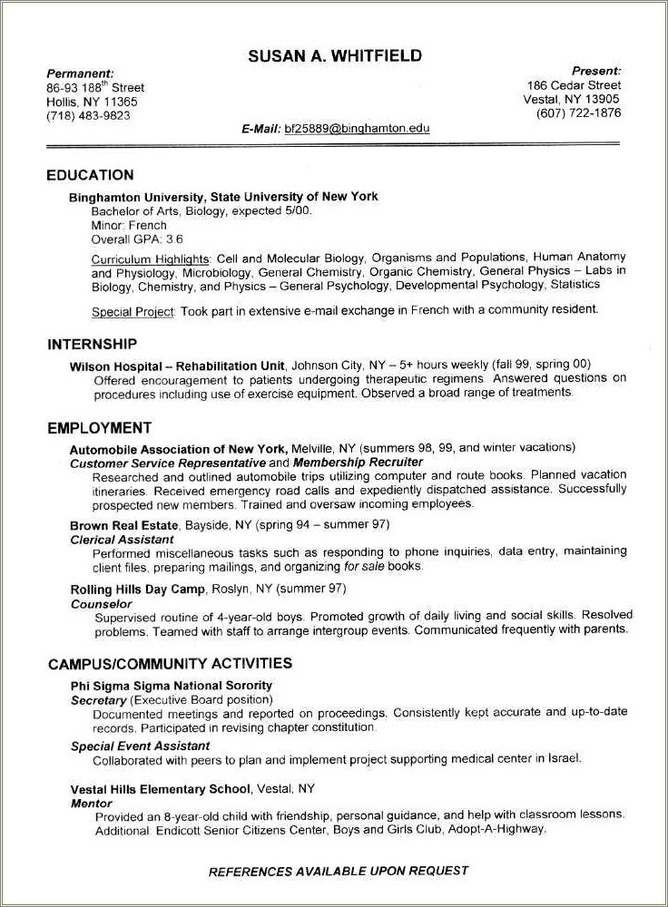 Example Resume For Internship In Medicine College Stident