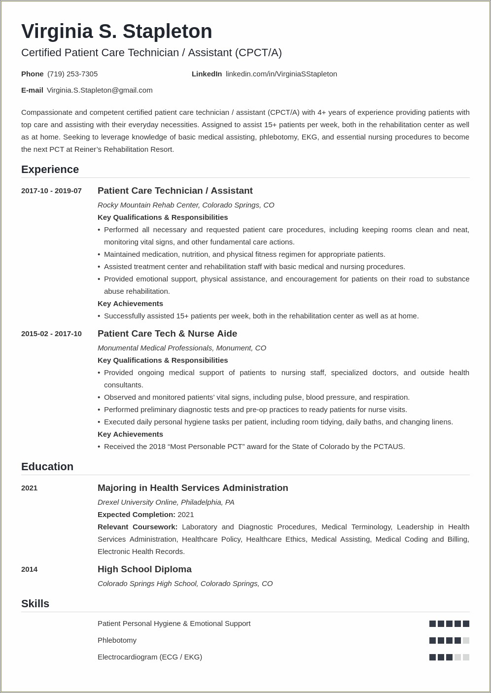 Example Resume For Patient Care Assistant