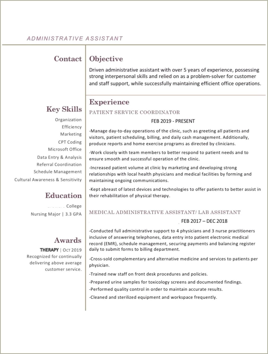 Example Resume For Quality Control Administrative Assistant