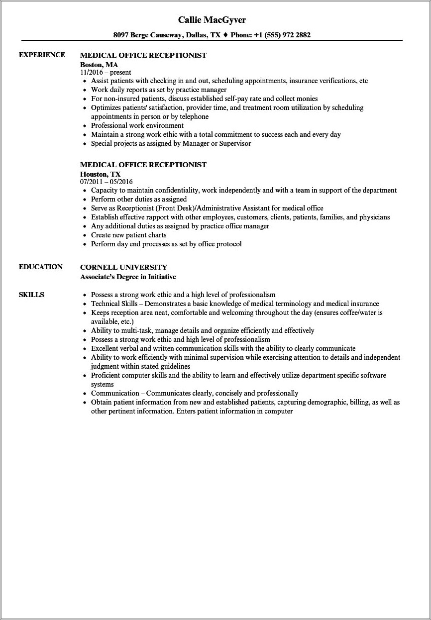 Example Resume For Receptionist And Administration Assistant