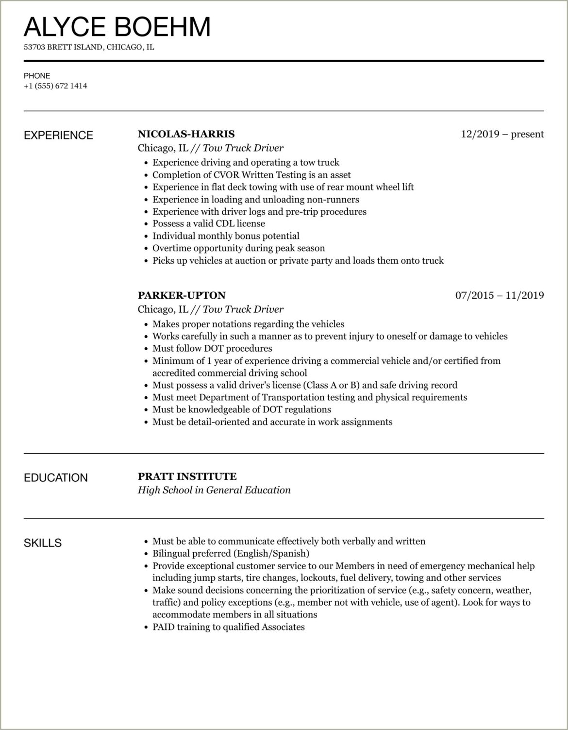 Example Resume For Tow Truck Dispatcher