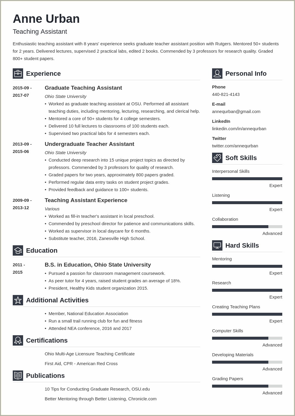 Example Resume From Summer Camp Teacher Assistant
