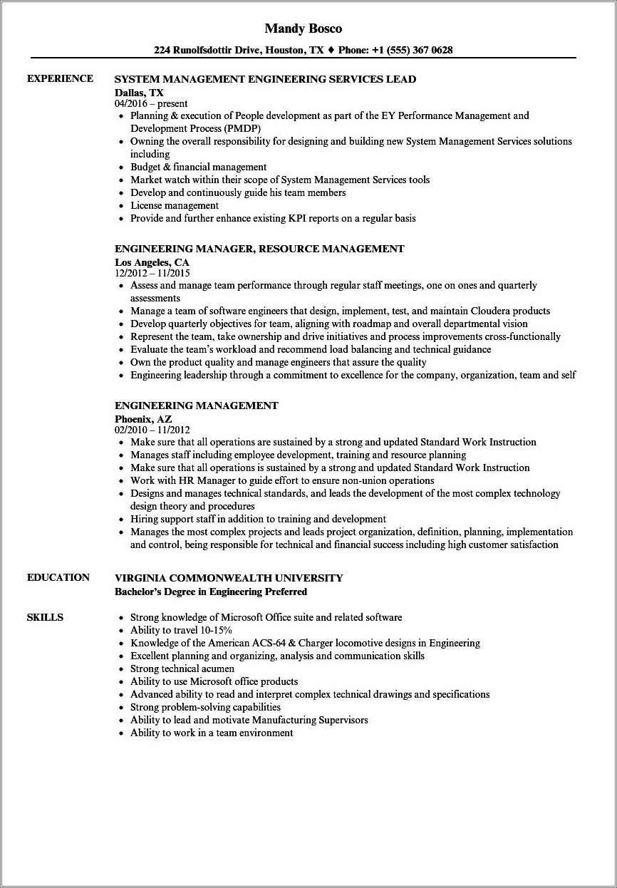 Example Resume In Administration Engineering