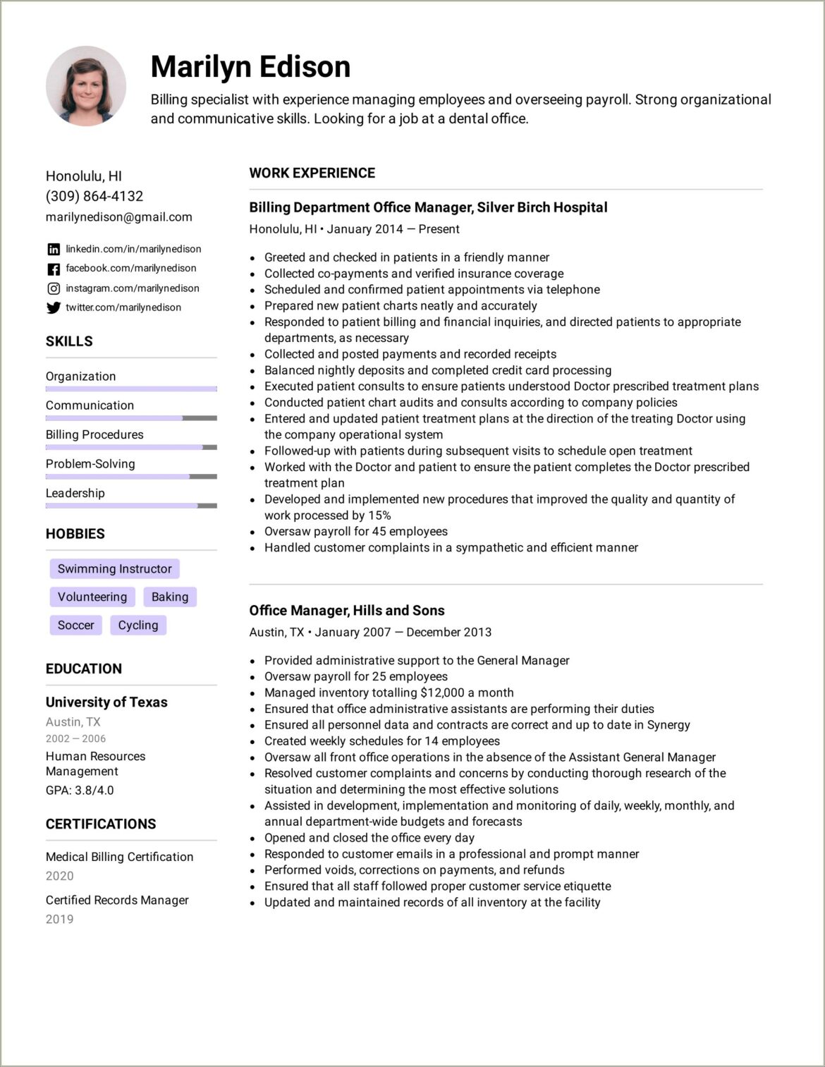 Example Resume Insurance Dental Office Manager