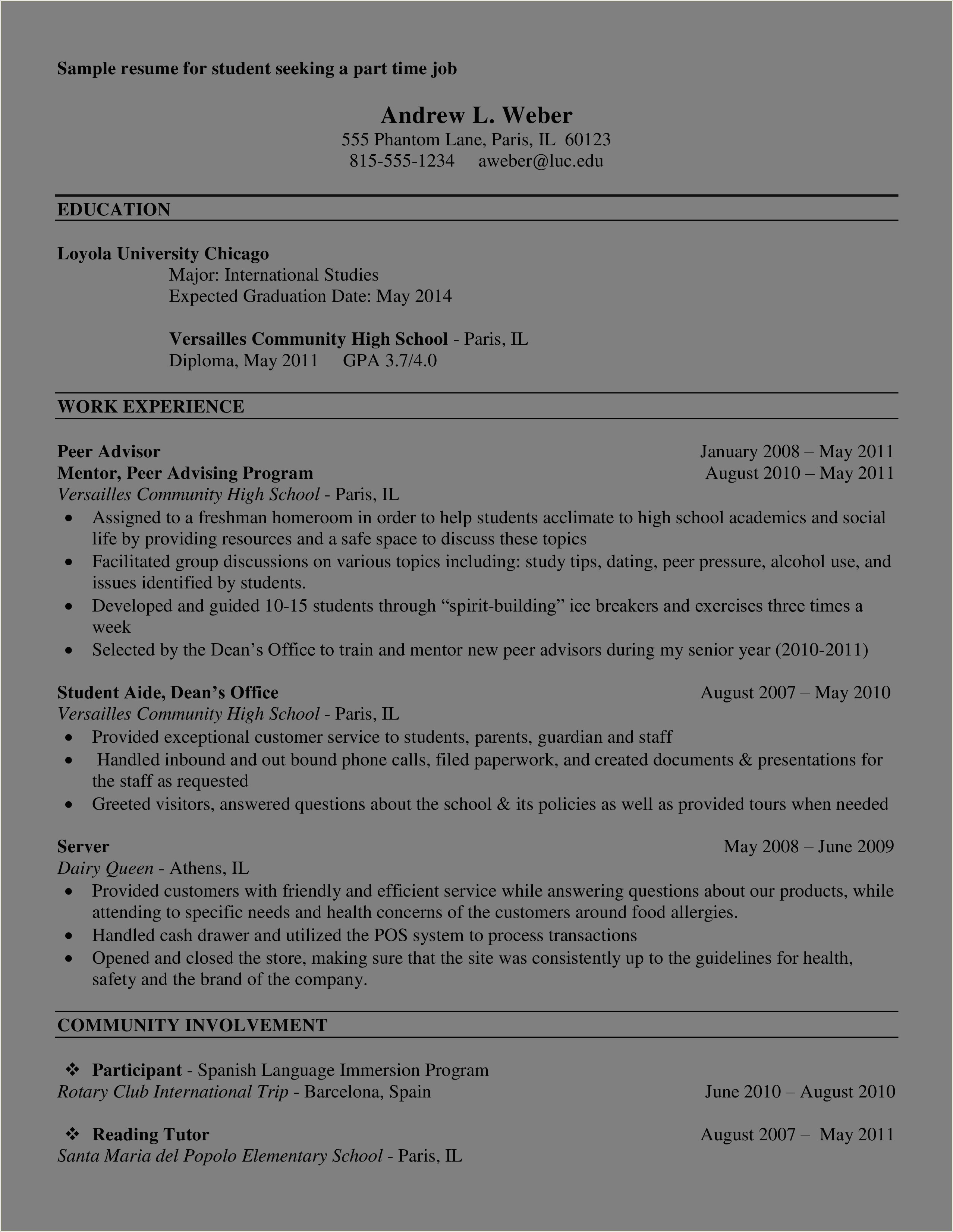 Example Resume Of A College Student