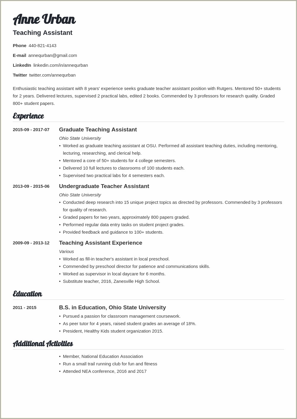 Example Resume Of College Teacher Assistant