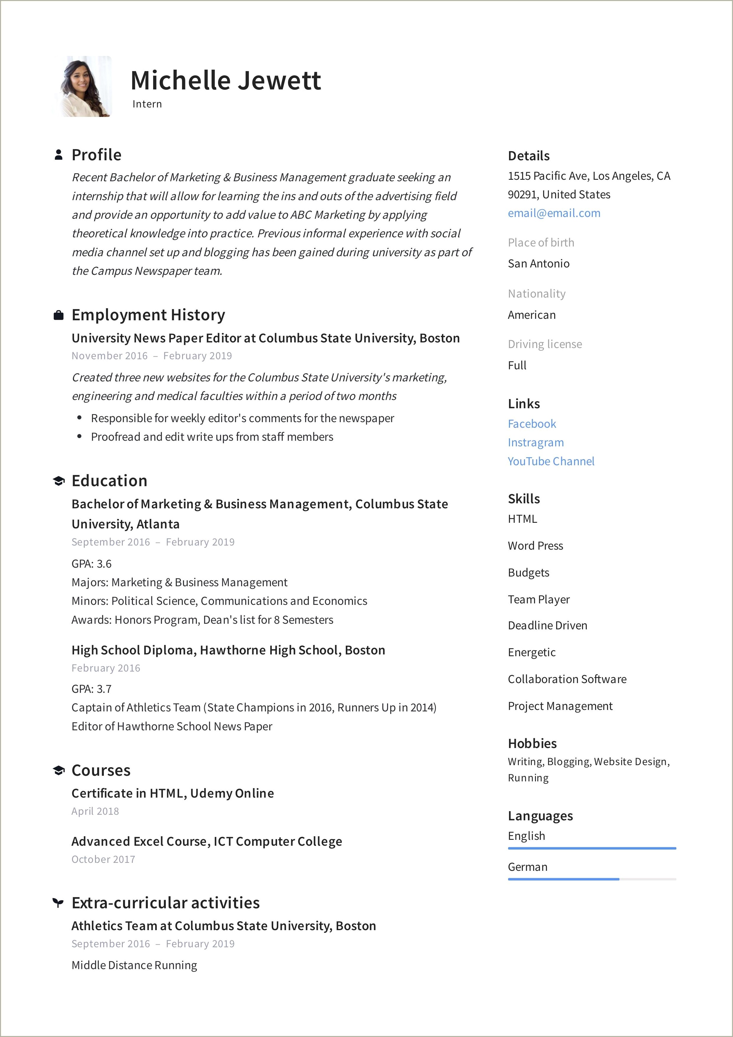 Example Resume Of Pursuing College Degree