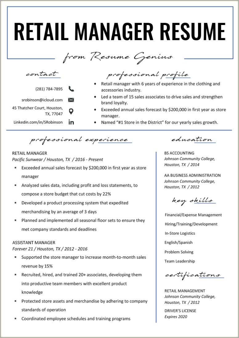 Example Resume Of Retail Assistant Store Manager