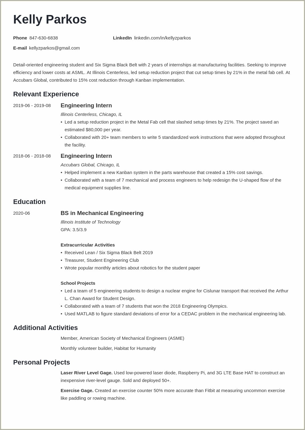 Example Resume With Six Sigma Green Belt