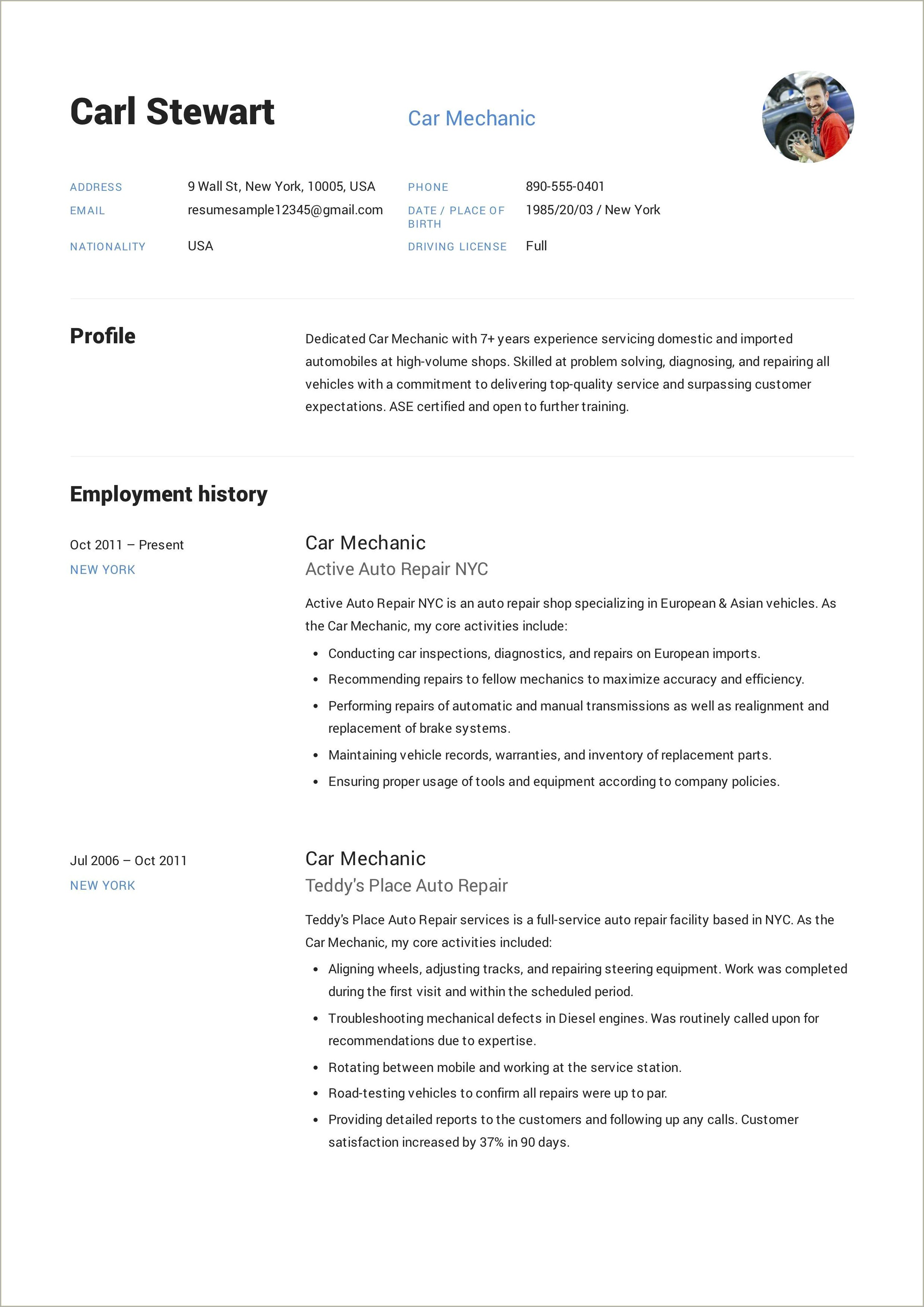 Example Resume Work In Auto Body Shop