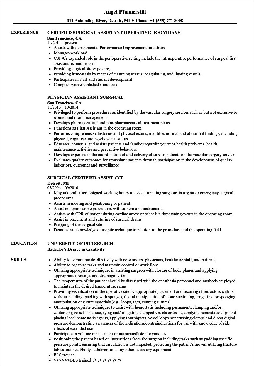 Example Resumes Of A Surgical Assistant