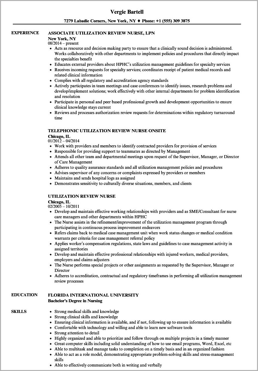 Example Rn Resume Utilization Review With No Experience