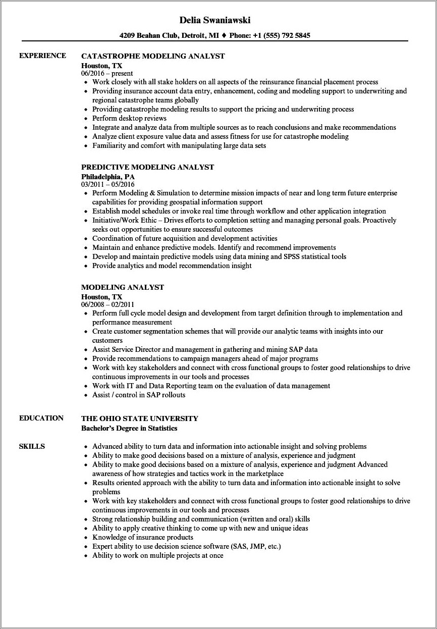 Example Summary For A Model Resume