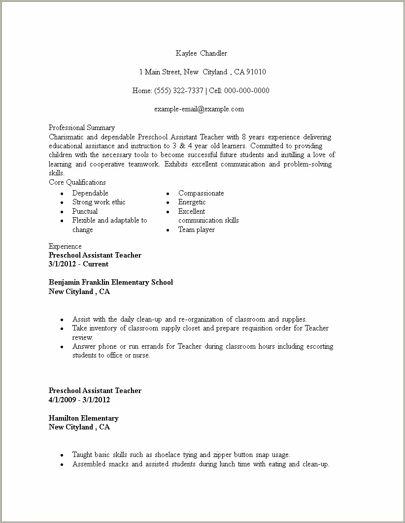 Example Summary For Resume For Teacher Assistant