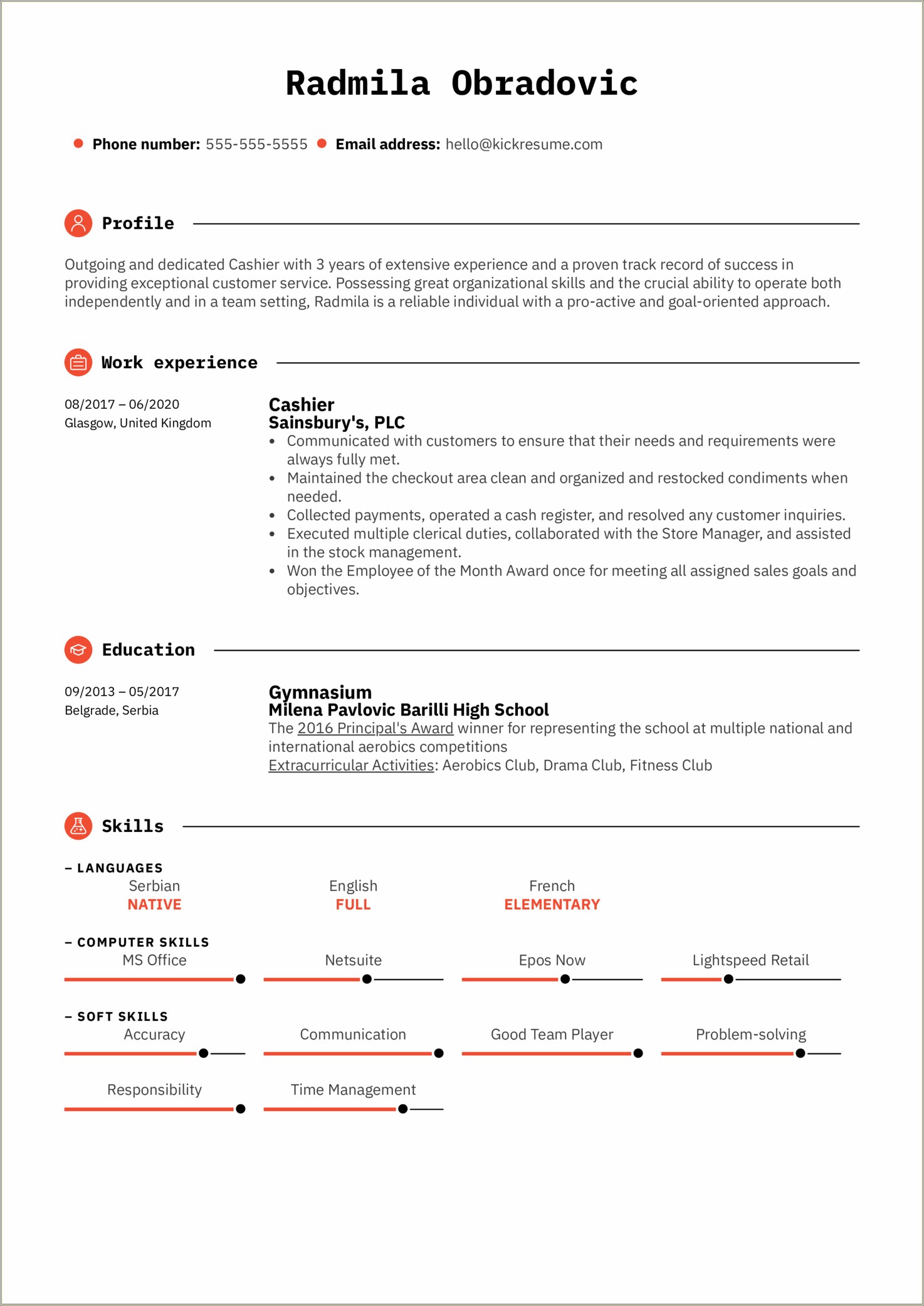 Examples De Summary In A Resume For Cashier