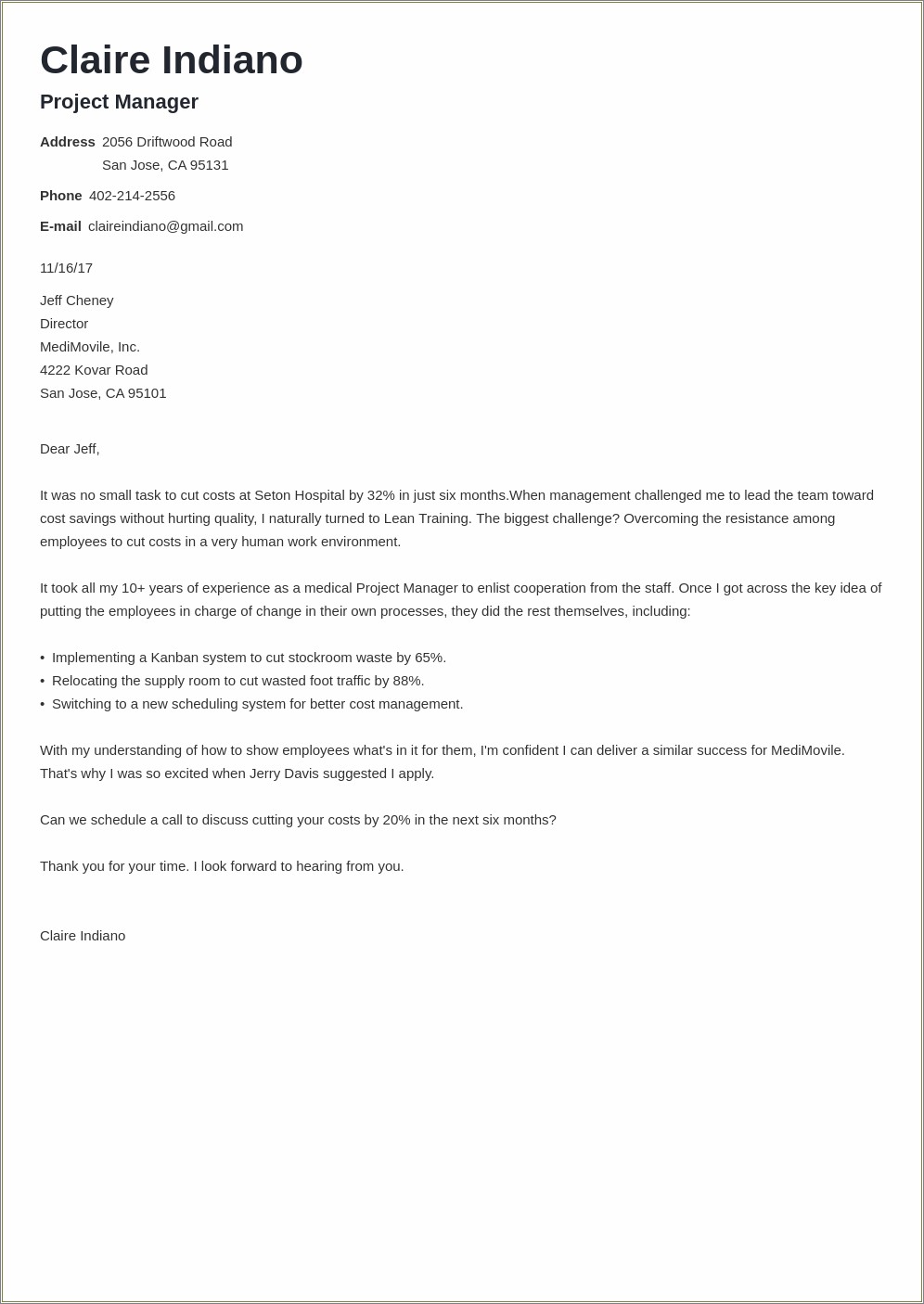 Examples For A Resume Cover Letter