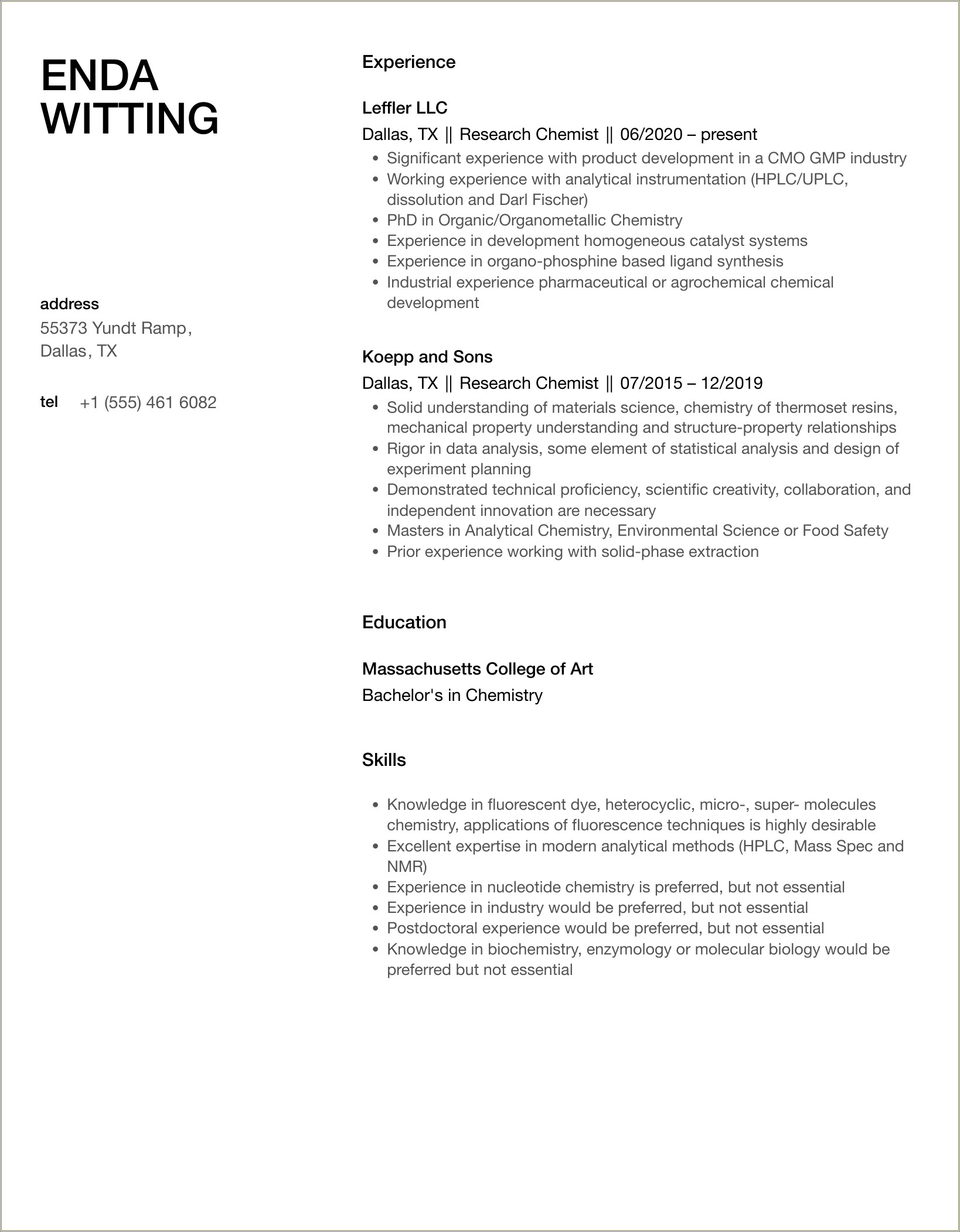 Examples For Chemistry Acadamic Carrier Based Resume