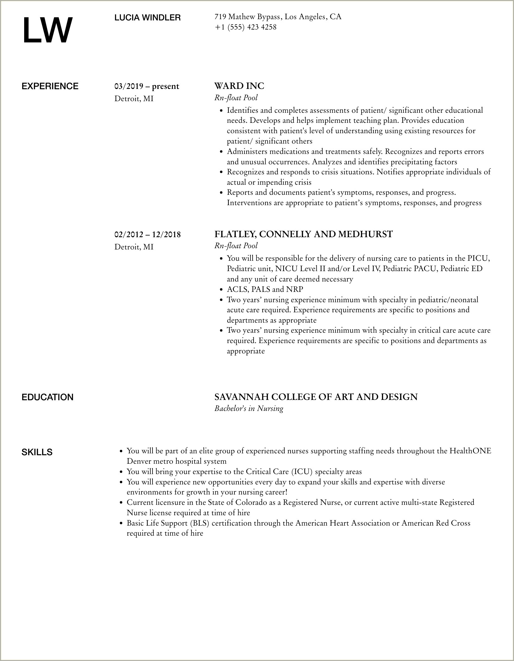 Examples For Resume For Float Team Ma Nursing