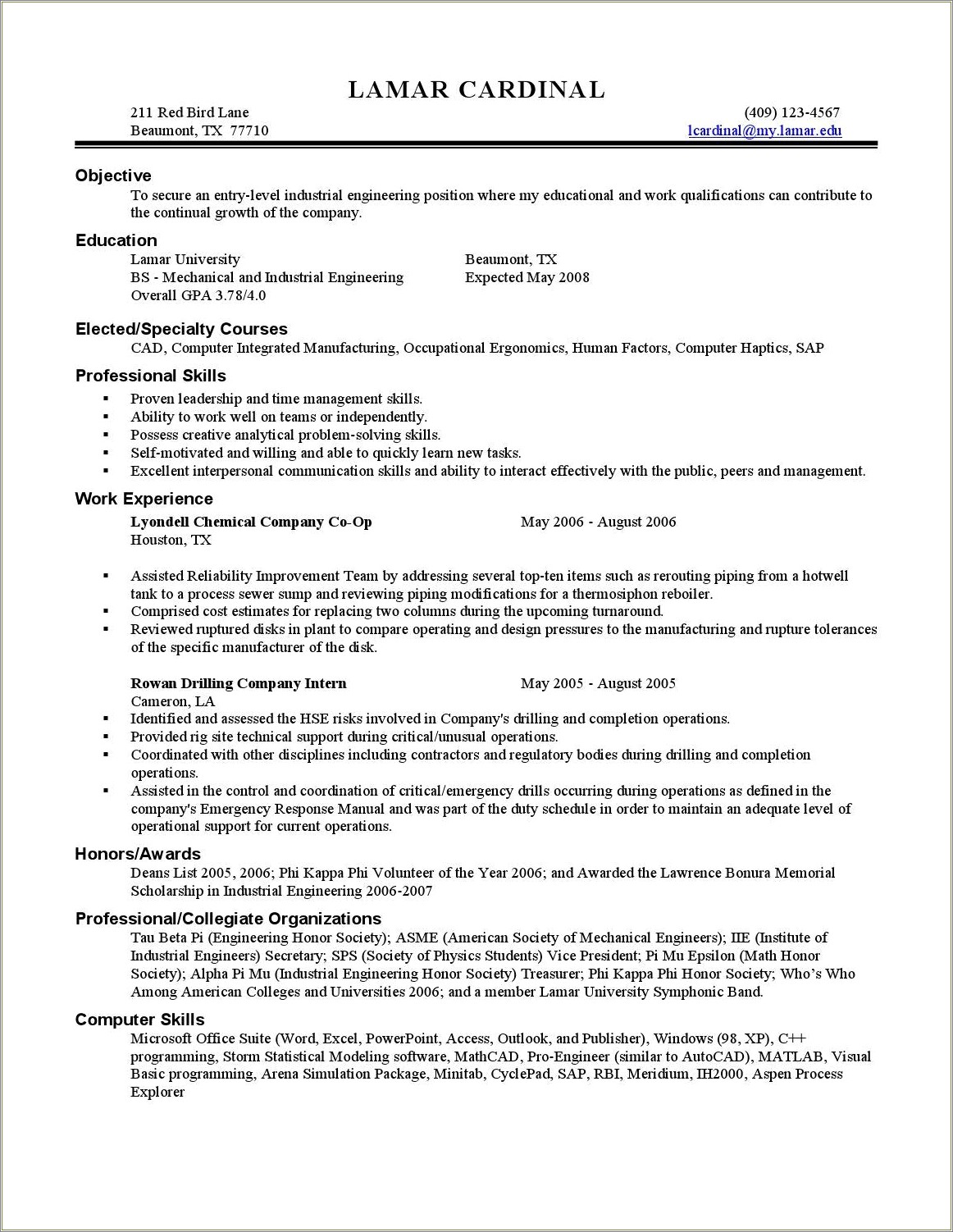 Examples Formal Resume For Industrial Engineer