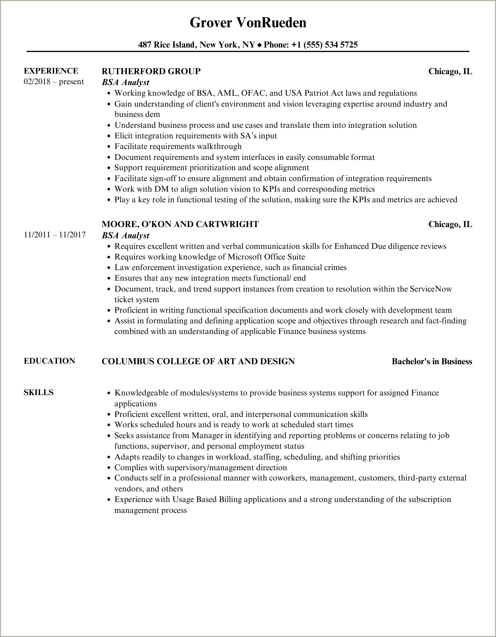 Examples Of A Bsa Analyst Resume
