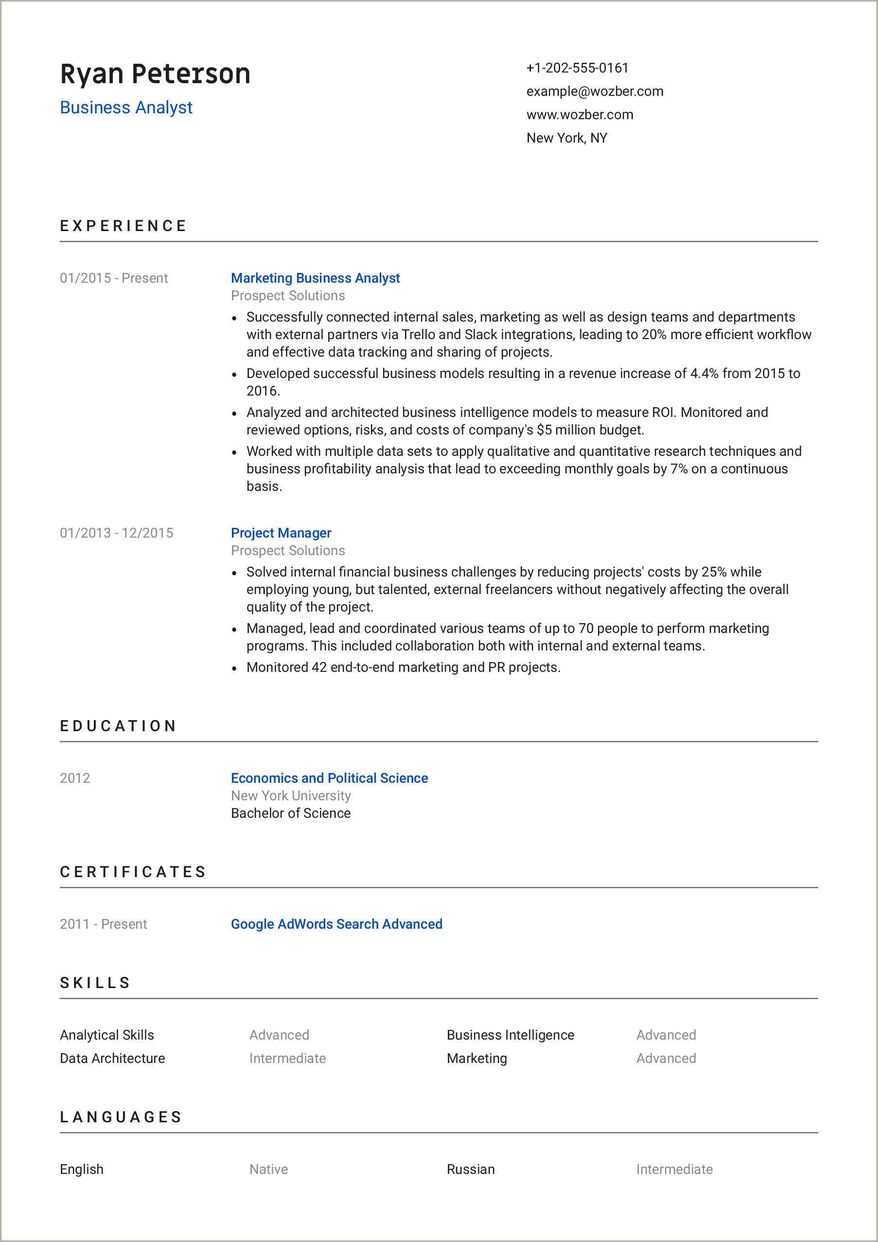 Examples Of A Business Analyst Resume