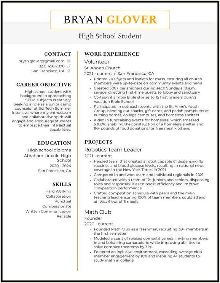 Examples Of A College Resume For Highschool Students