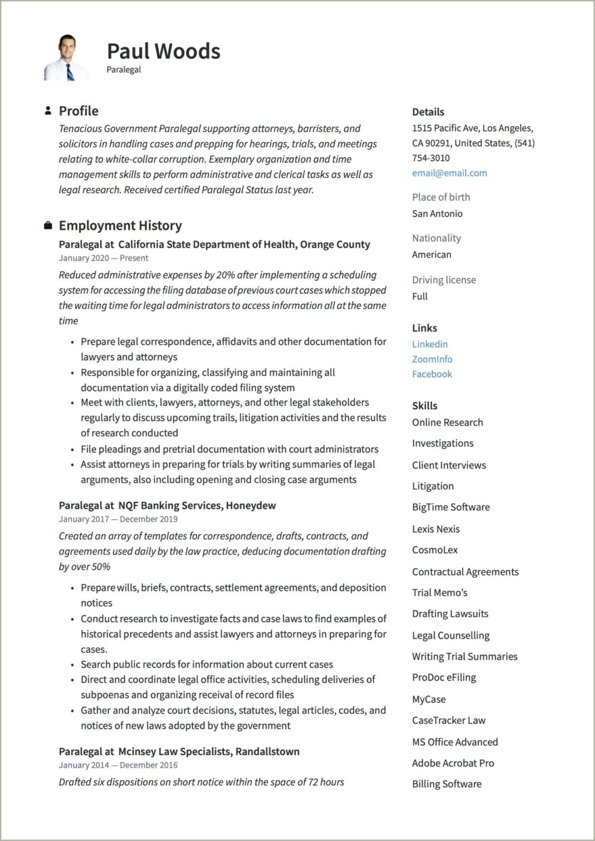 Examples Of A Functional Resume For A Paralegal