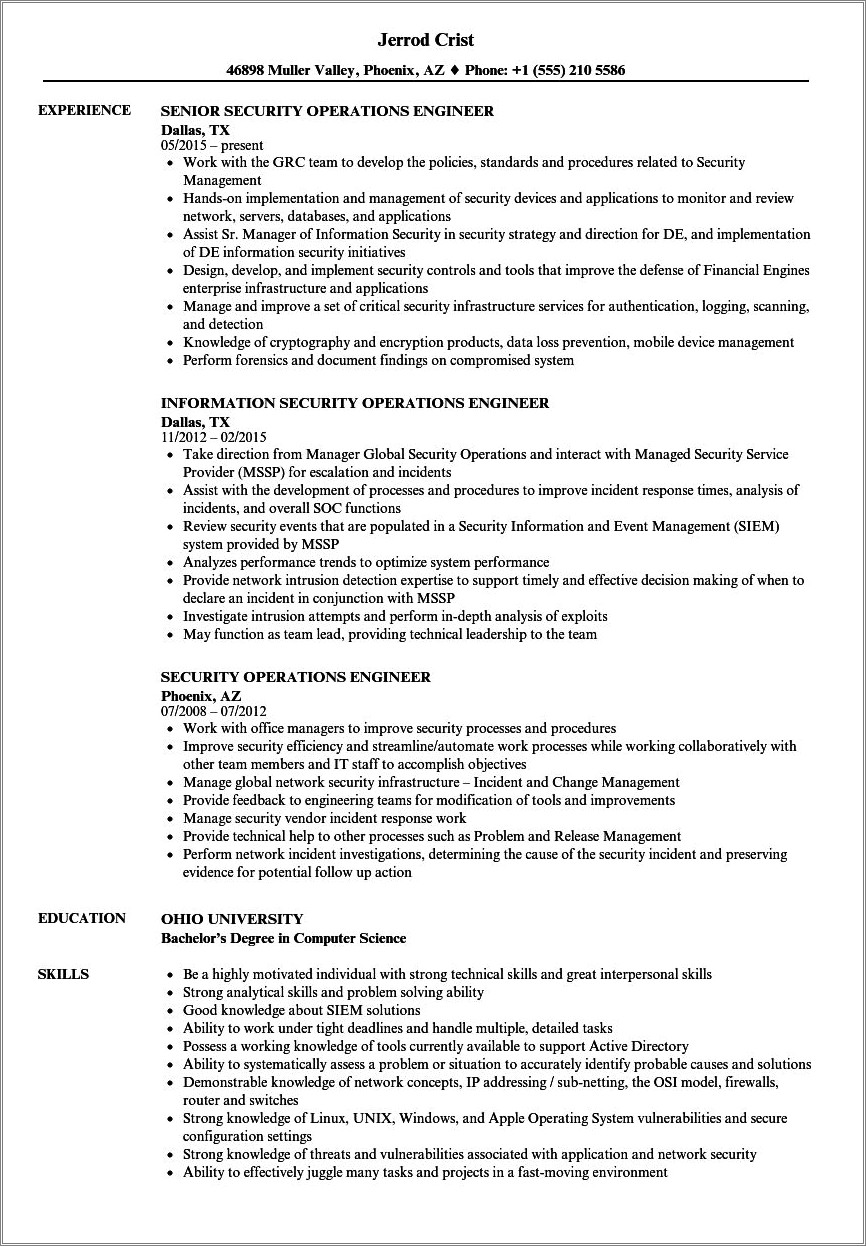 Examples Of A Operating Engineer Resume