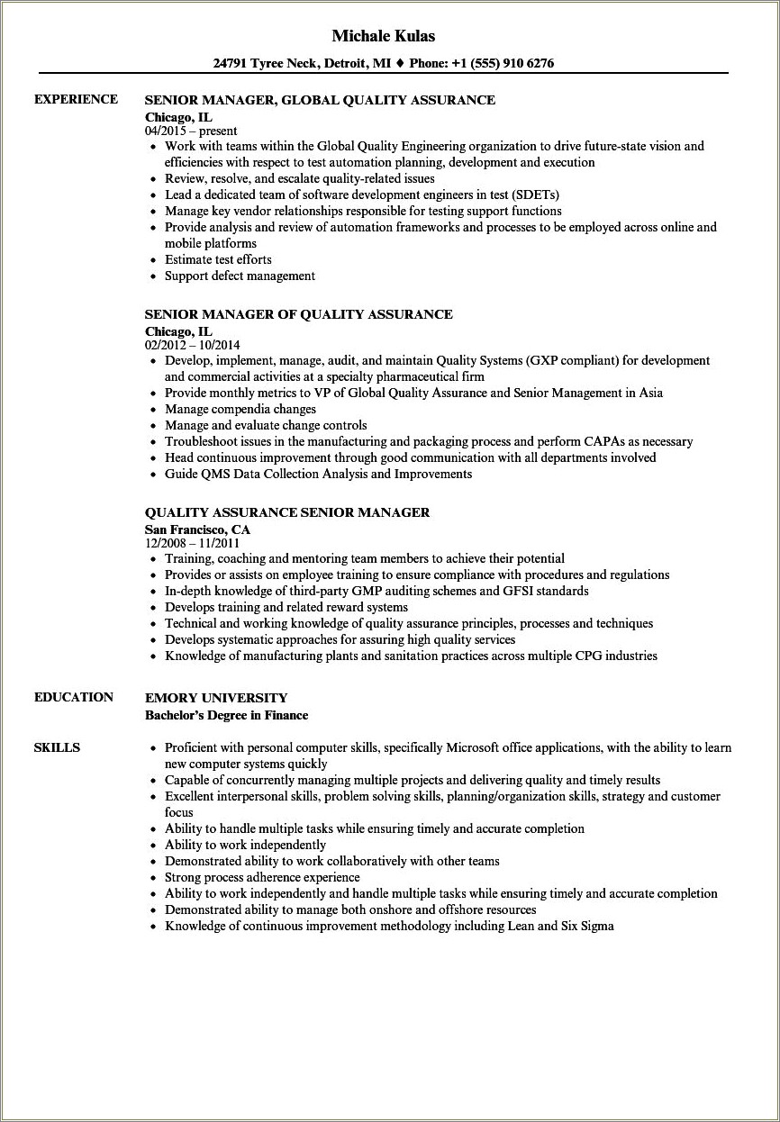 Examples Of A Resume For A Quality Director