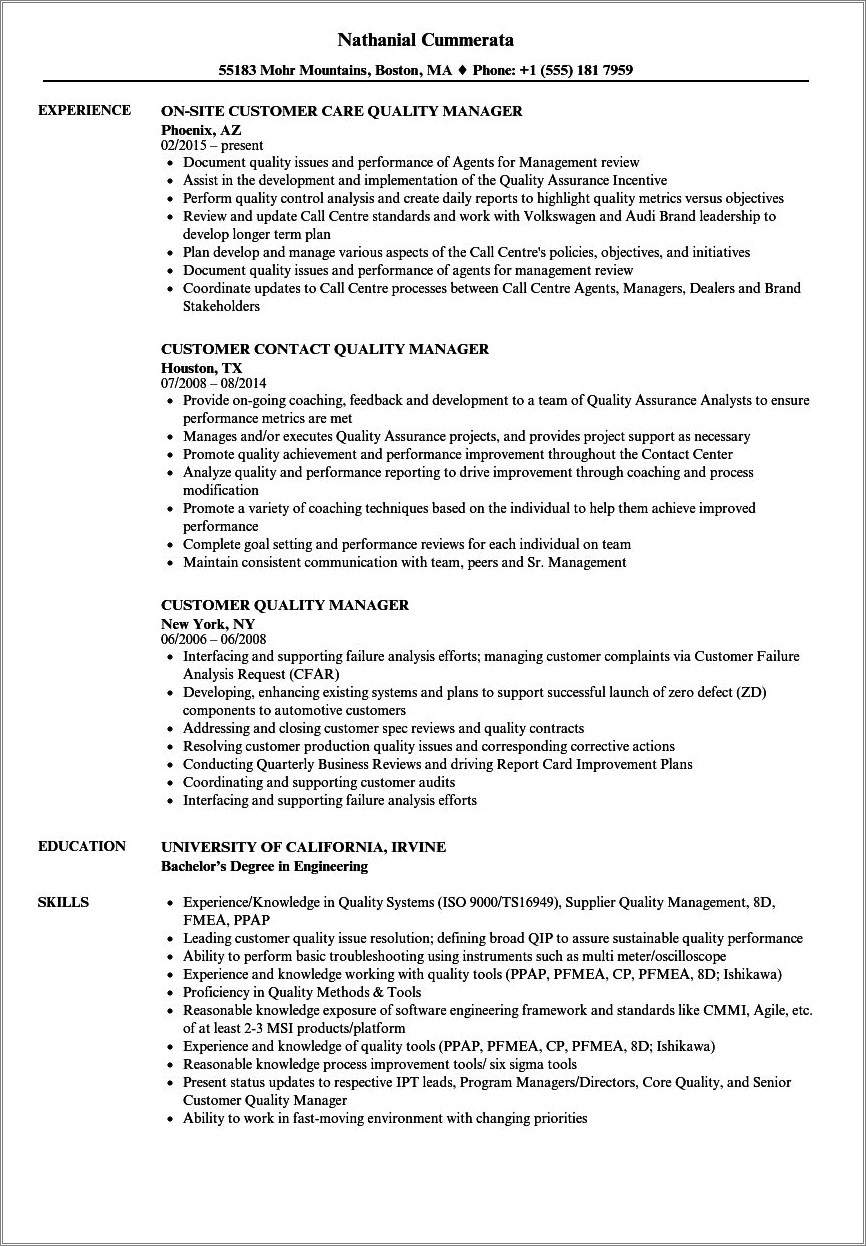 Examples Of A Resume For A Quality Manager