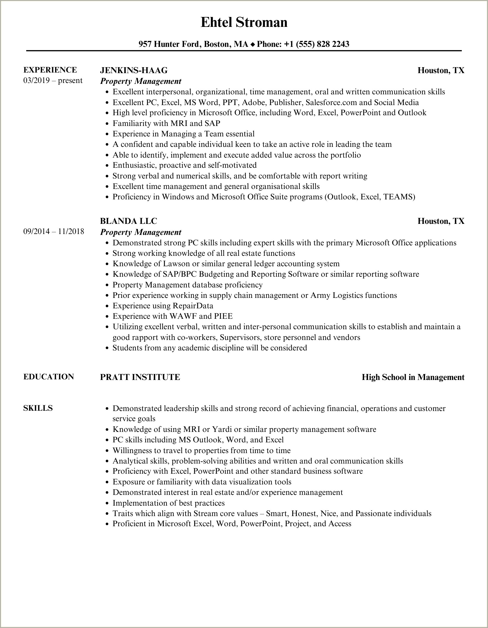 Examples Of A Resume For Property Management