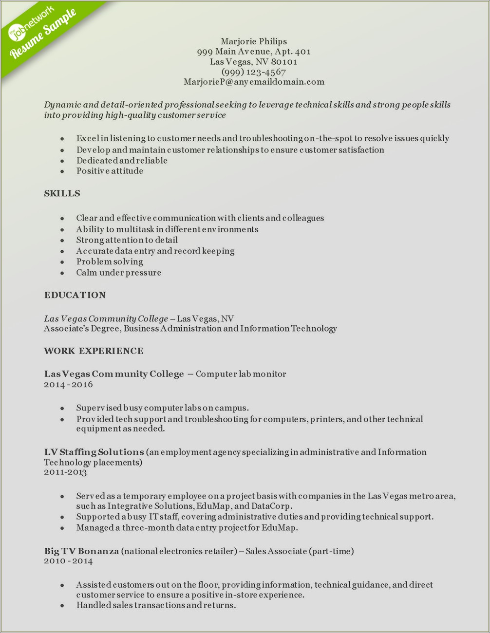 Examples Of A Resume Objective For Customer Service