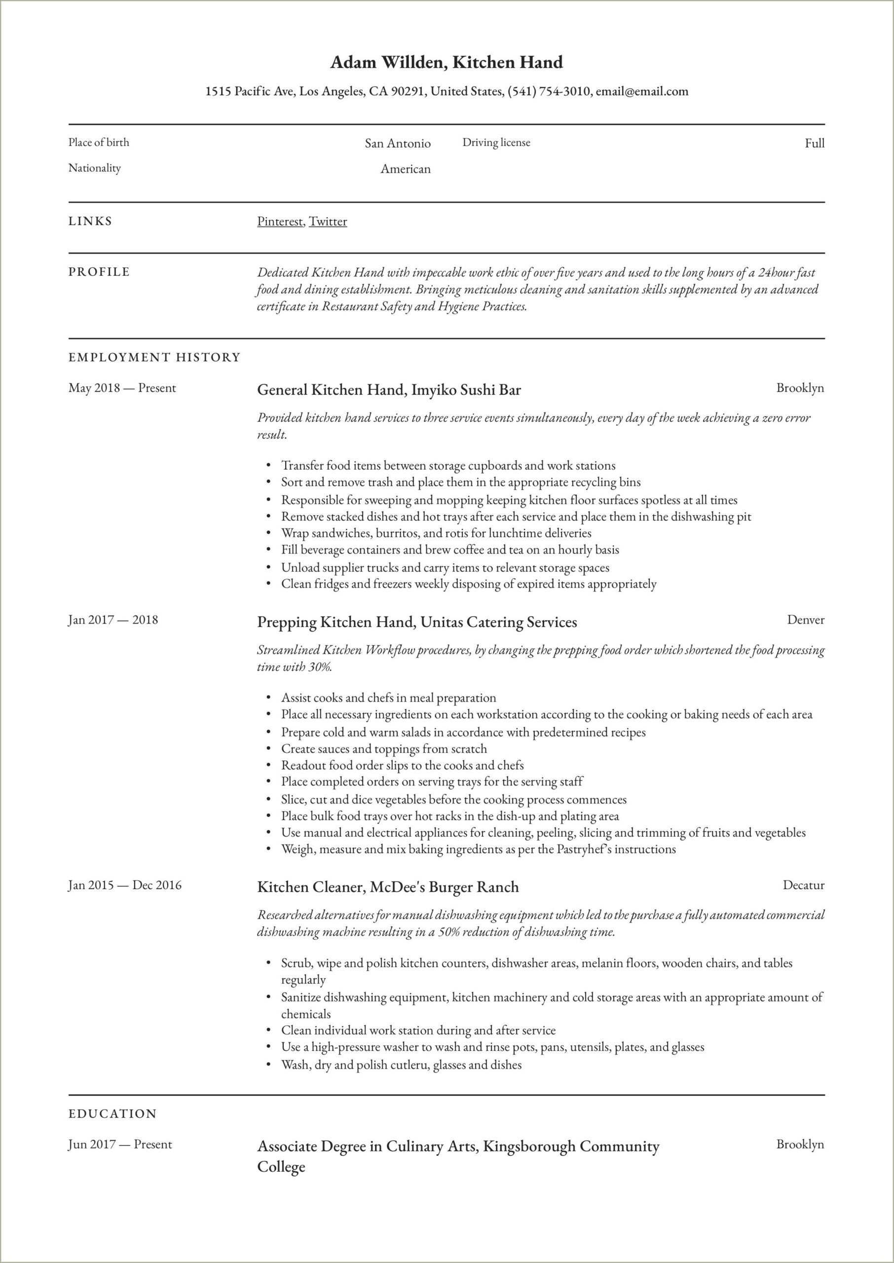 Examples Of Abilities For Resume Kitchen Work