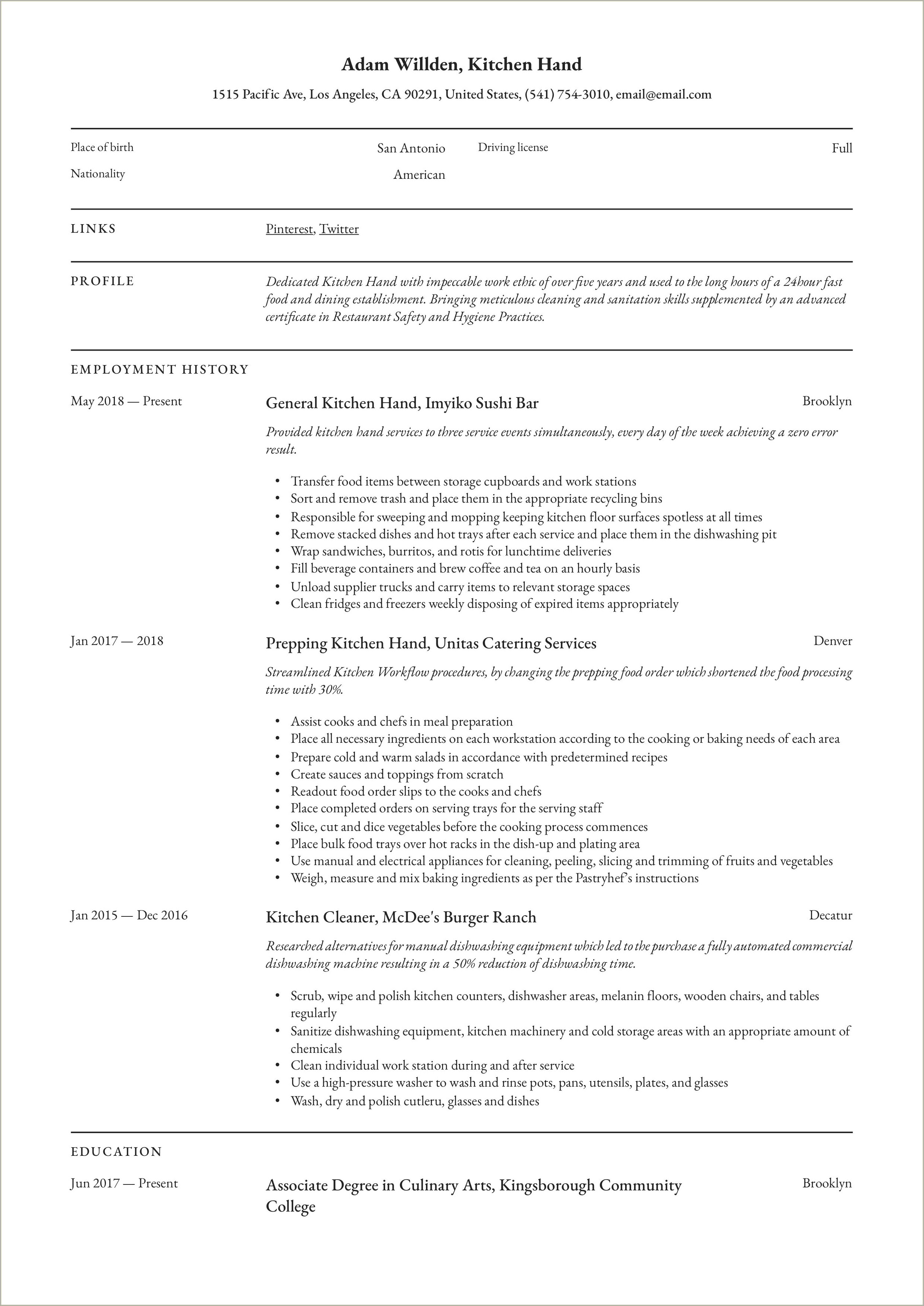 Examples Of Abilities For Resume Kitchen Work