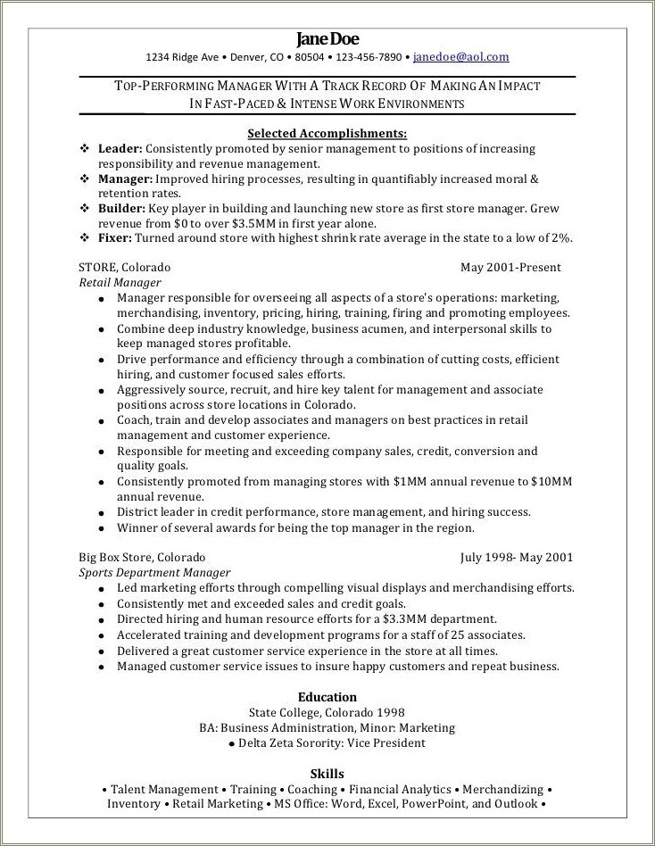Examples Of Accomplishments For Resume In Retail
