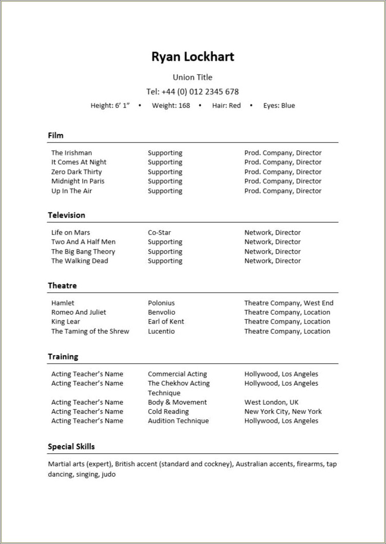 Examples Of Acting Resume For College