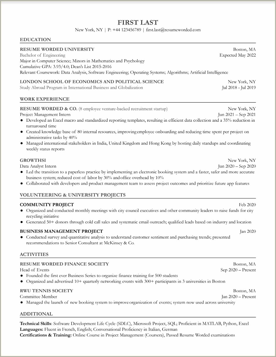 Examples Of Activities In A Resume