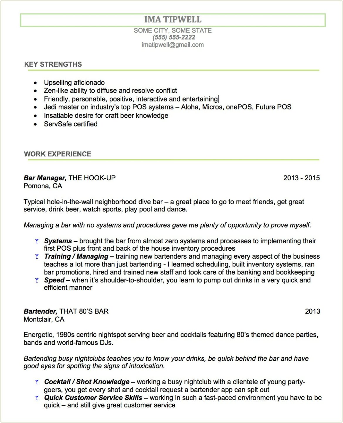 Examples Of Bartending Resumes With No Experience