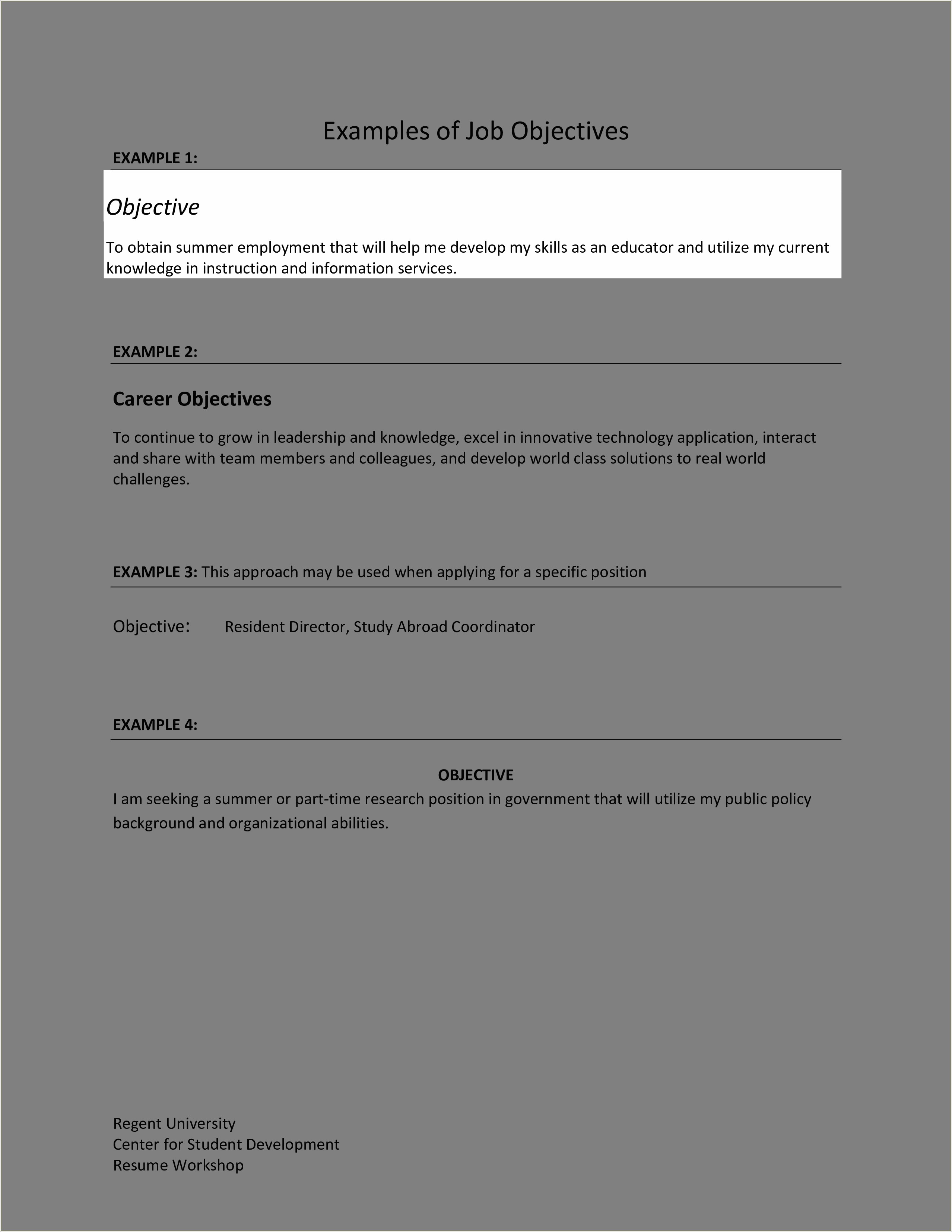 Examples Of Career Objectives For A Resume