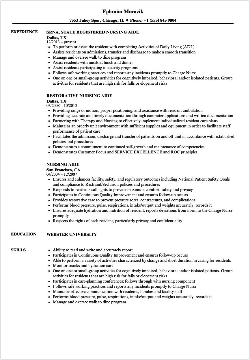 Examples Of Certified Nursing Assistant Resume